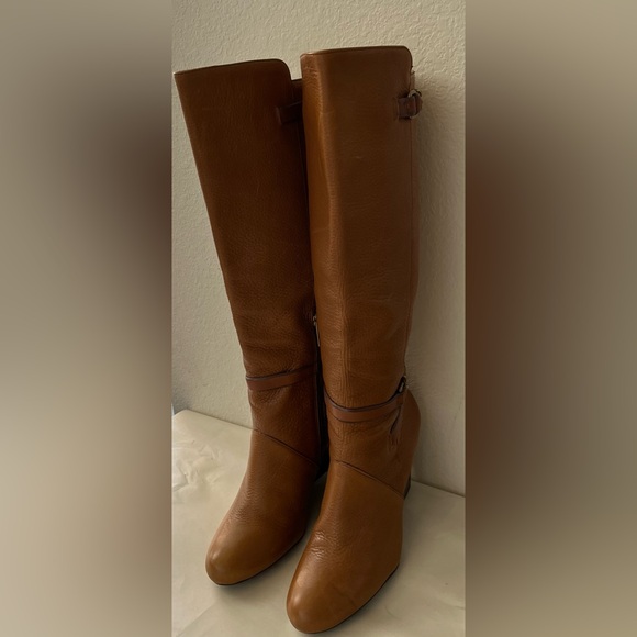 New in box Coach Adair Saddle Pebble Grain Leather Knee High Wedge Boot - Picture 2 of 13